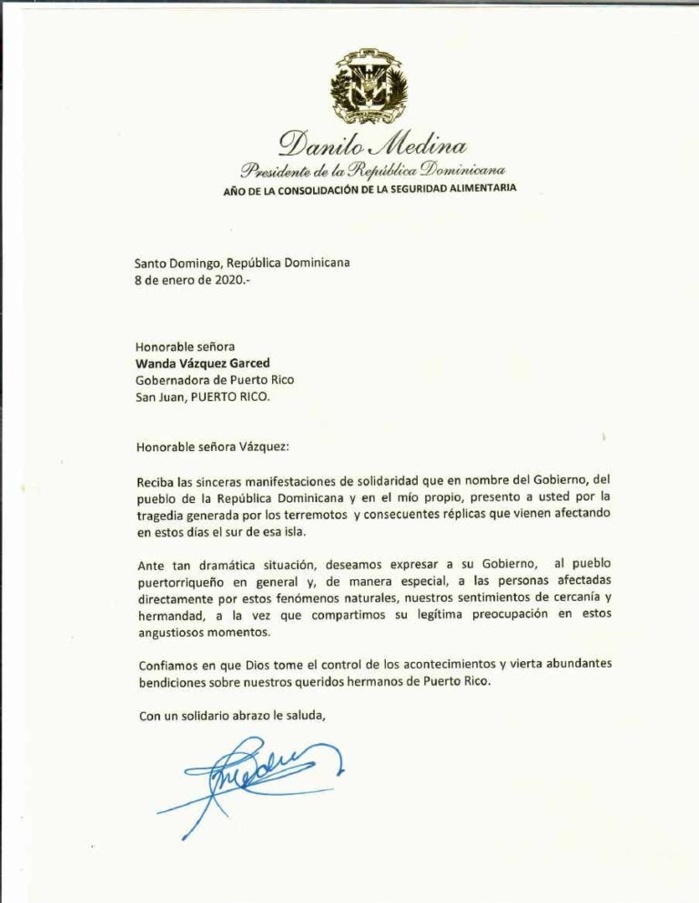 Presidente Medina expresa solidaridad a Puerto Rico ante tragedia generada por sismos