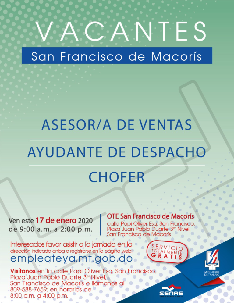 Ministerio de Trabajo invita jornada de empleo en San Francisco de Macorís