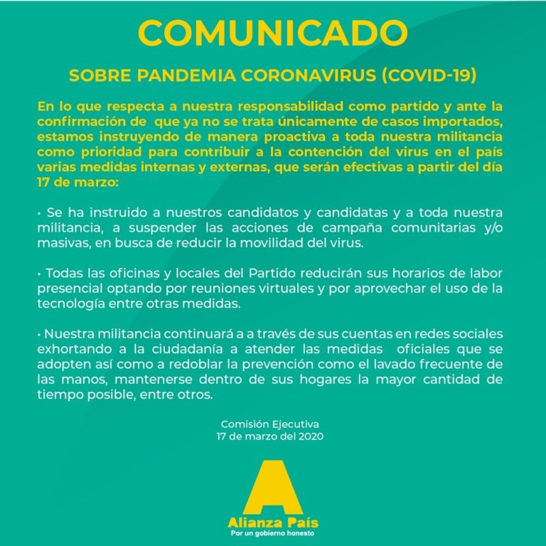 Alianza País implementa medidas ante propagación del Covid-19