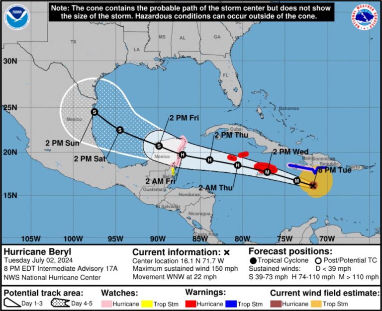 El COE mantiene 02 provincias en alerta roja, 14 y al Distrito Nacional en amarilla y a 07 en verde, debido a que el huracán Beryl 